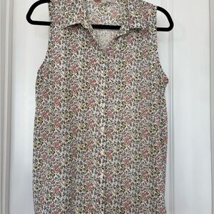 LOFT Floral Collared Button Sleeveless Blouse White Pink Petites LP